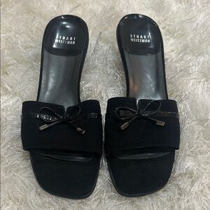 Stuart Weitzman Black Bow Mules with Patent Leather Kitten Heel